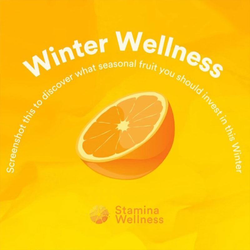 "Winter Wellness" text in a curved arc across the top of the image, a halved orange center of image, and the Stamina Wellness orange & text logo along the bottom 